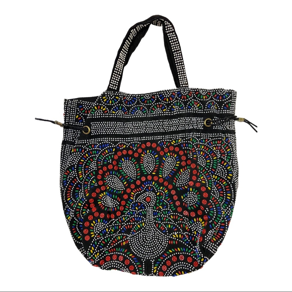 Beaded Peacock Black Drawstring Purse